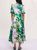 Retro Tie-Dye Puff Sleeve A-Line Maxi Dress