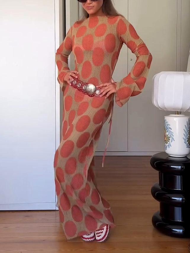 Aurohaya Elegant Polka Dot Print Slightly Sheer Open Back Maxi Dress Orange