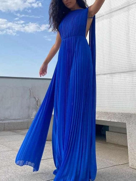Aurohaya Elegant Open Back Ribbon Pleated Party Maxi Dress