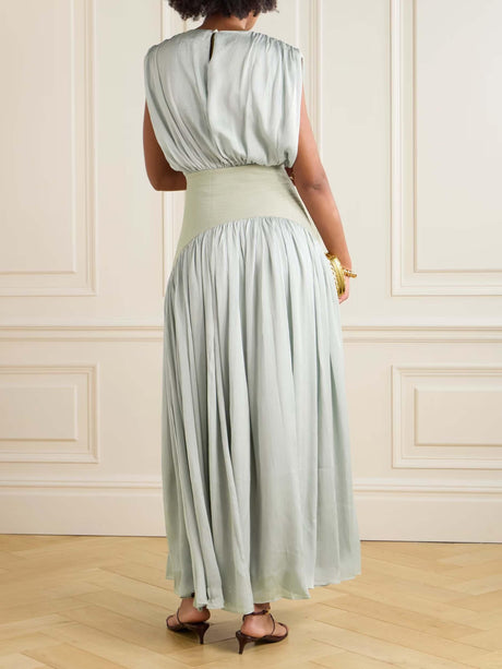 Aurohaya Elegant Wide Belted Pleated Sleeveless Maxi Dress