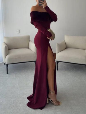 Aurohaya Elegant One-shoulder Plush Patchwork High-slit Maxi Dress