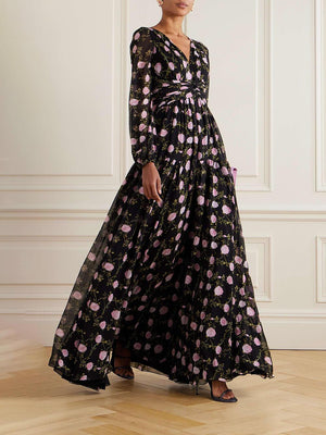 Aurohaya Romantic Exquisite Pleated Floral Print Chiffon Maxi Dress Black