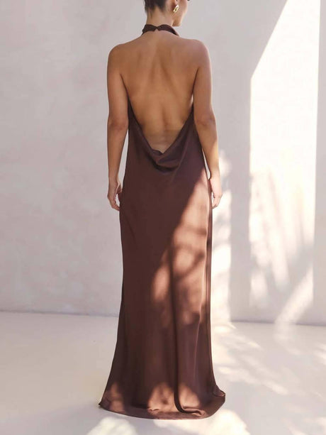 Aurohaya Elegant Halter Draped Neck Satin Backless Maxi Dress