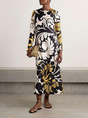 Aurohaya Unique Satin Swing Print Twill Midi Dress Black