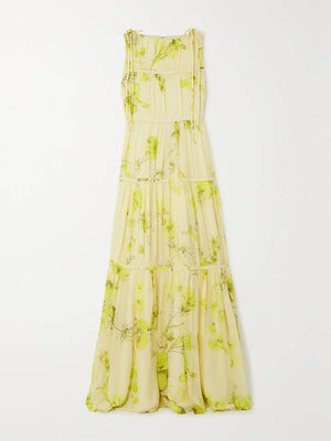 Aurohaya Vintage Bloom Tie-Front Layered Floral Print Chiffon Casual Maxi Dress
