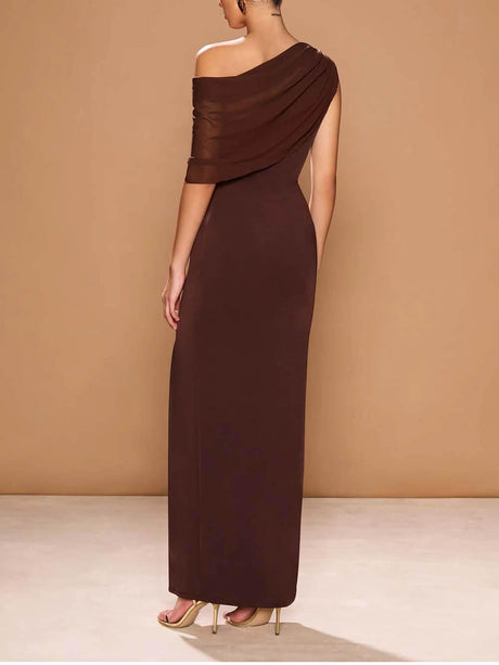 Aurohaya Elegant One-Shoulder Asymmetric Draped Chiffon Maxi Dress