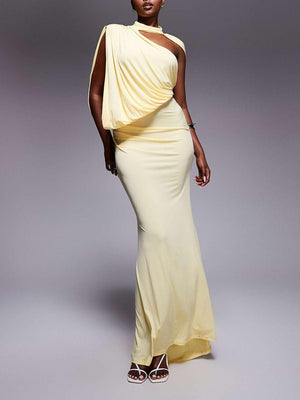 Aurohaya Exquisite One-Shoulder Draped Pleated Cape Maxi Dress Yellow