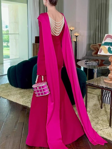 Aurohaya Elegant Slit Hip-Wrap Shawl Ribbon Evening Maxi Dress