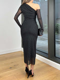Elegant One-shoulder Rhinestone Mesh Midi Dress