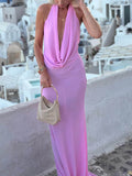 Elegant Draped Halterneck Backless Maxi Dress