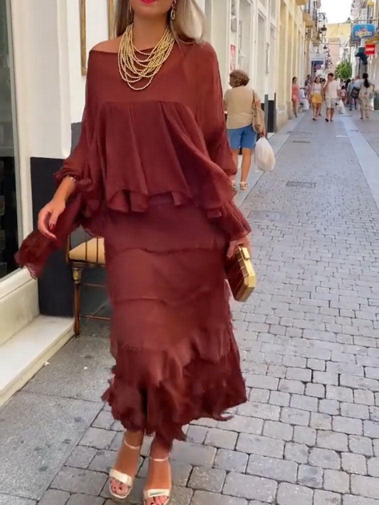Aurohaya Elegant Layered Asymmetrical Ruffled Cape Maxi Dress