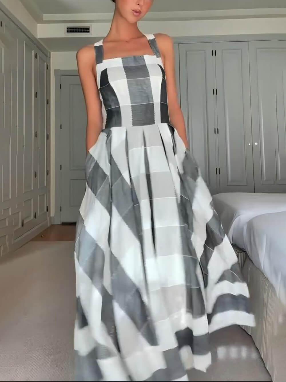 Aurohaya Classic Casual Plaid Print Pleated A-Line Maxi Dress