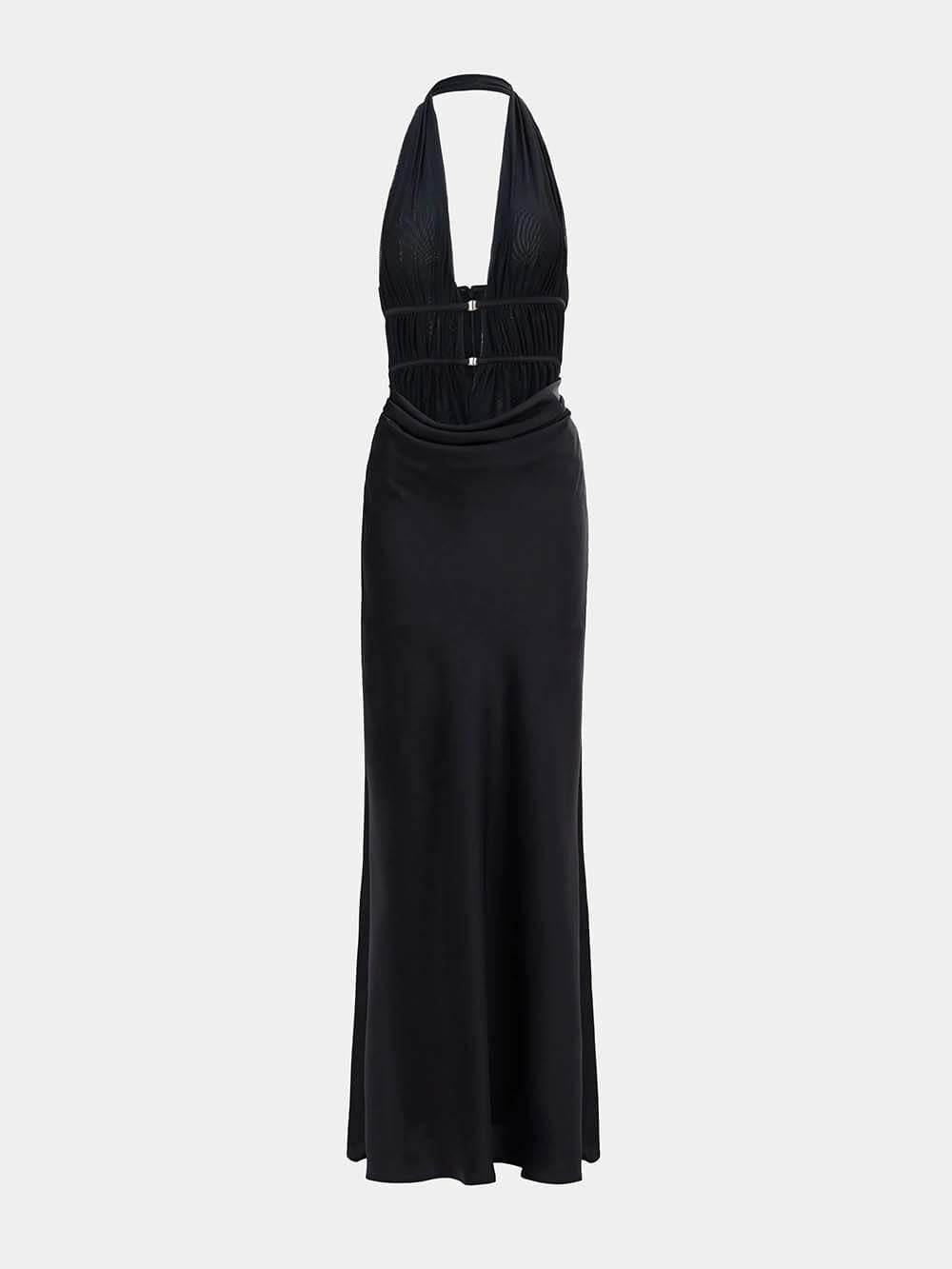 Aurohaya Elegant Mesh Ruched Satin Backless Maxi Dress