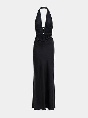 Aurohaya Elegant Mesh Ruched Satin Backless Maxi Dress