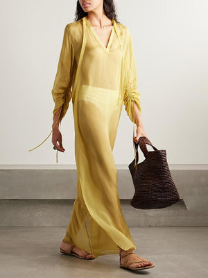 Aurohaya Casual Satin V-Neck Pleated Cuff Maxi Dress Yellow