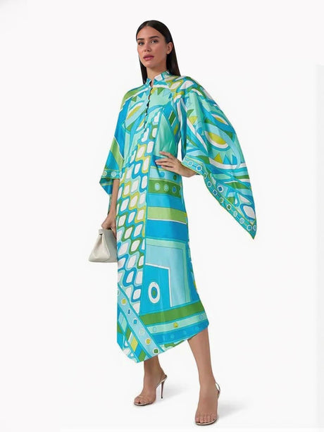 Aurohaya Elegant Button-Up Stand Collar Printed Loose Flared Asymmetrical Midi Dress