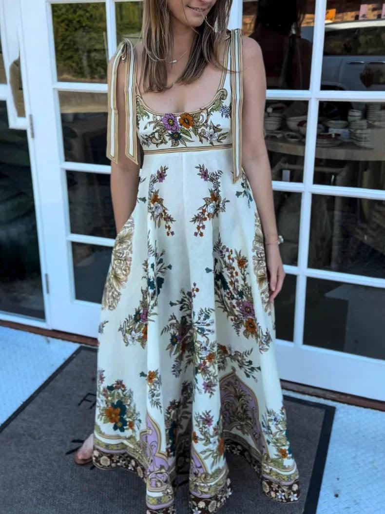 Aurohaya Exquisite Bohemian Print Strappy Maxi Dress