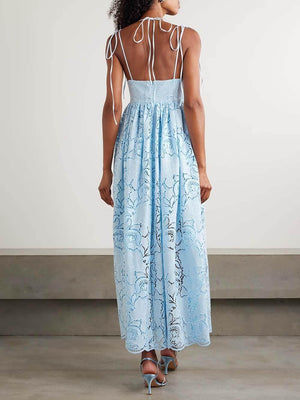 Aurohaya Exquisite Pleated Lace Cutout Maxi Dress
