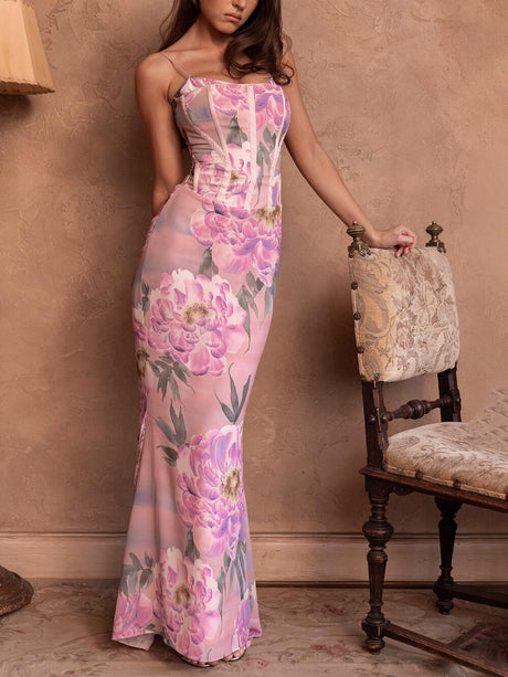 Aurohaya Retro Pink Floral Print Corset Maxi Dress