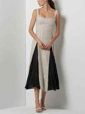 Aurohaya Elegant Pinstripe Paneled Flared Maxi Dress