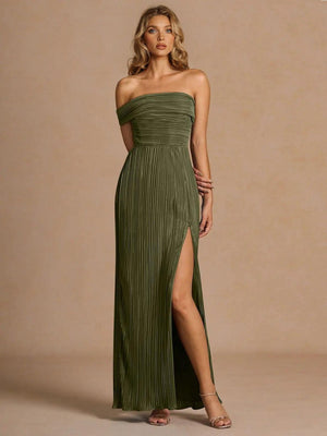 Aurohaya Elegant Off-The-Shoulder Pleated Slit Maxi Dress Dark Green