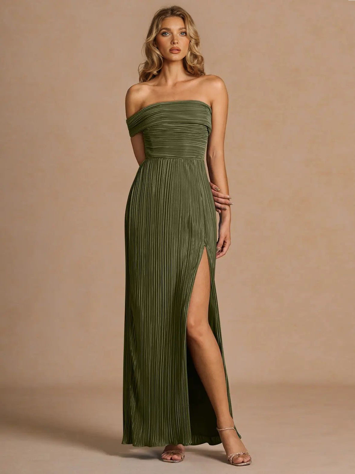 Elegant Off-The-Shoulder Pleated Slit Maxi Dress