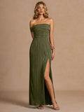 Elegant Off-The-Shoulder Pleated Slit Maxi Dress
