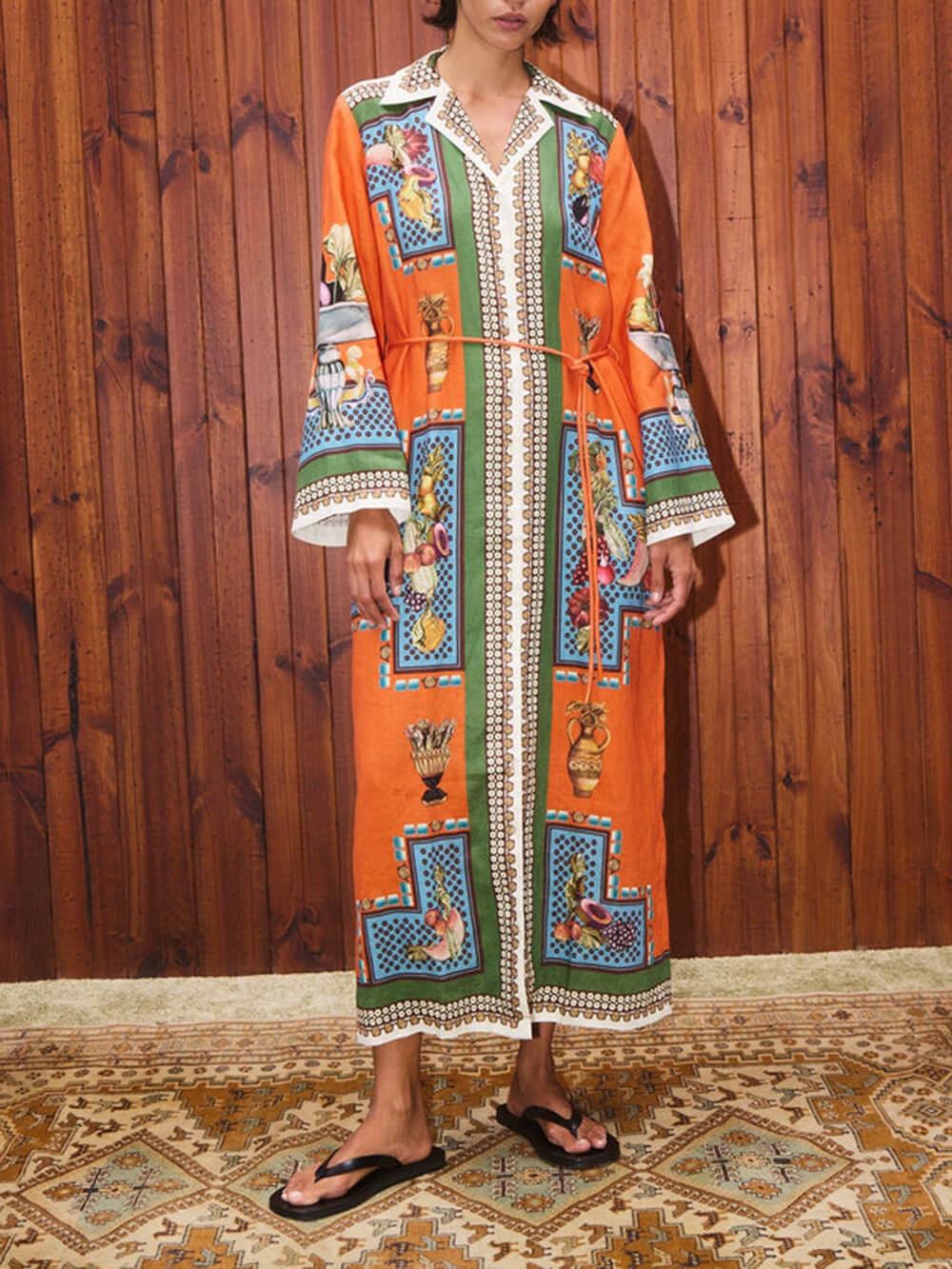 Aurohaya Classic Modern Unique Print Patchwork Loose Belted Shirt Silhouette Maxi Dress