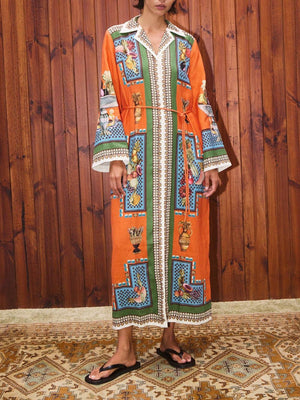 Aurohaya Classic Modern Unique Print Patchwork Loose Belted Shirt Silhouette Maxi Dress