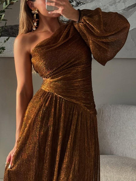 Aurohaya Elegant One-Shoulder Metallic Long Sleeve Evening Maxi Dress