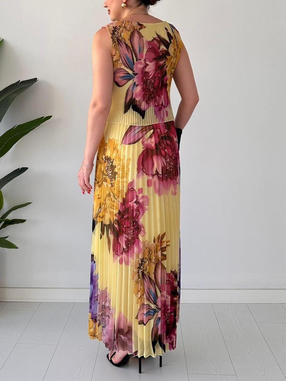 Aurohaya Elegant Double-layered Pleated Chiffon Printed Maxi Dress