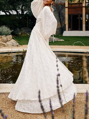 Aurohaya Elegant V-neck Pleated Long-sleeved Maxi Dress