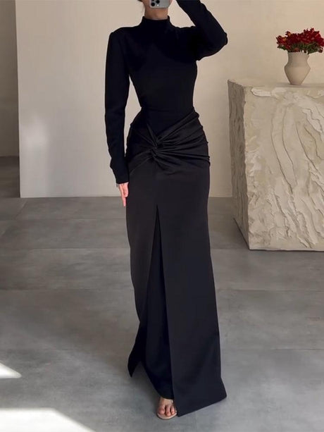 Aurohaya Elegant High Neck Twist Slit Maxi Dress