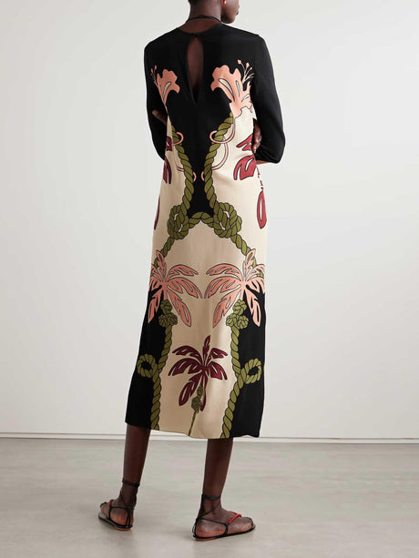 Aurohaya Elegant Palm Leaf Print Long Sleeve Midi Dress
