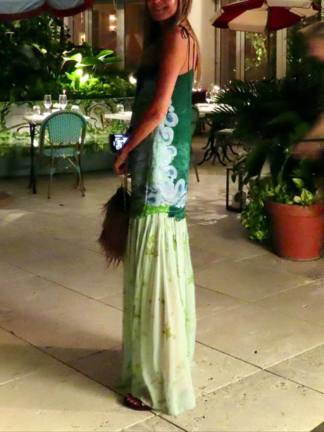 Aurohaya Unique Floral Print Color-block Pleated Maxi Dress