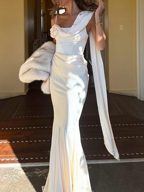 Aurohaya Elegant Pleated Fishtail Ribbon Fitted Party Maxi Dress