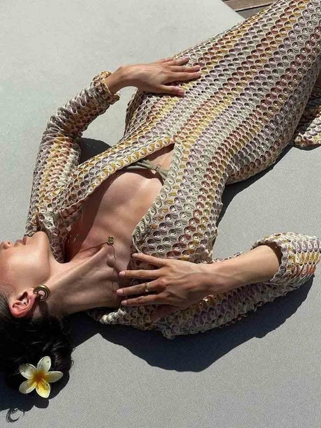 Aurohaya Casual Shirt Collar Slit Wave Stripe Crochet Holiday Maxi Dress
