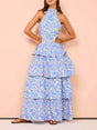 Aurohaya Delicate Blue Swirl Print Halter Neck Backless Maxi Dress Blue