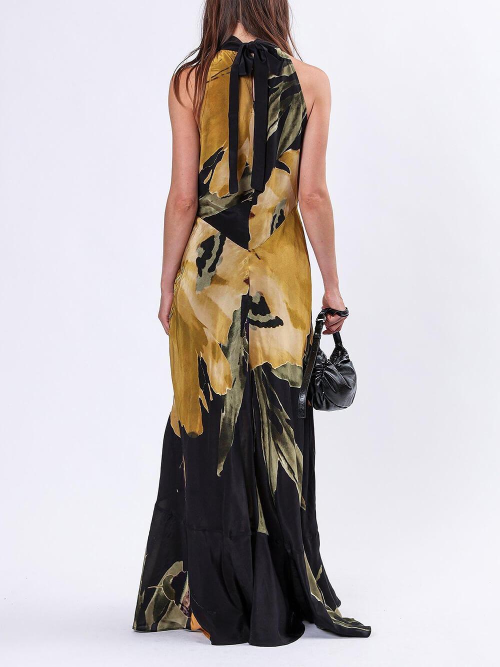 Aurohaya Unique Yellow Floral Print Straight Maxi Dress