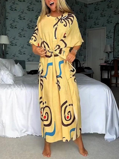 Aurohaya Unique Art Sun Floral Print Waist Tie Maxi Dress