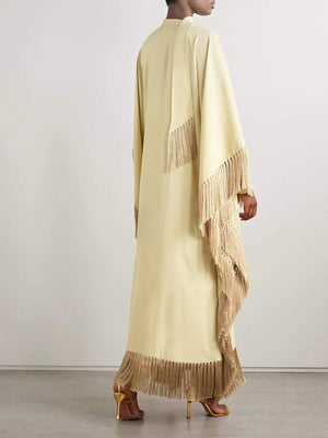 Aurohaya Elegant Fringed Satin Robe Maxi Dress