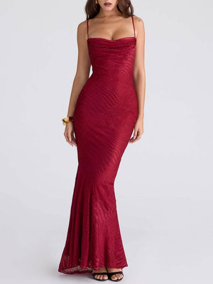 Aurohaya Elegant Low-Neck Burnout Satin Party Maxi Dress Deep Red