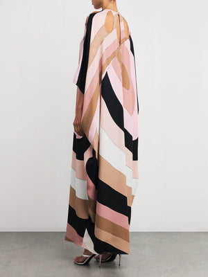 Aurohaya Exquisite Satin Irregular Stripe Print Maxi Dress