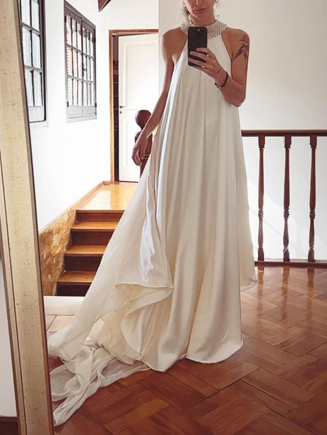 Aurohaya Elegant Pearl Embellished Halterneck Satin Flowy Maxi Dress