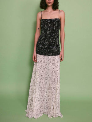 Aurohaya Elegant Contrast Polka Print Chiffon Flowy Maxi Dress