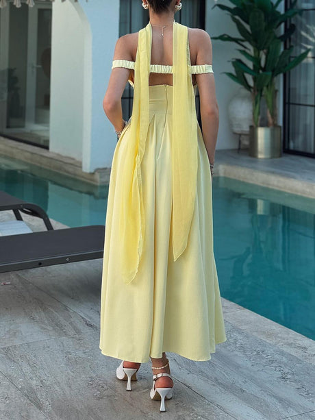 Aurohaya Elegant Low-cut V-neck Open-back A-line Maxi Dress