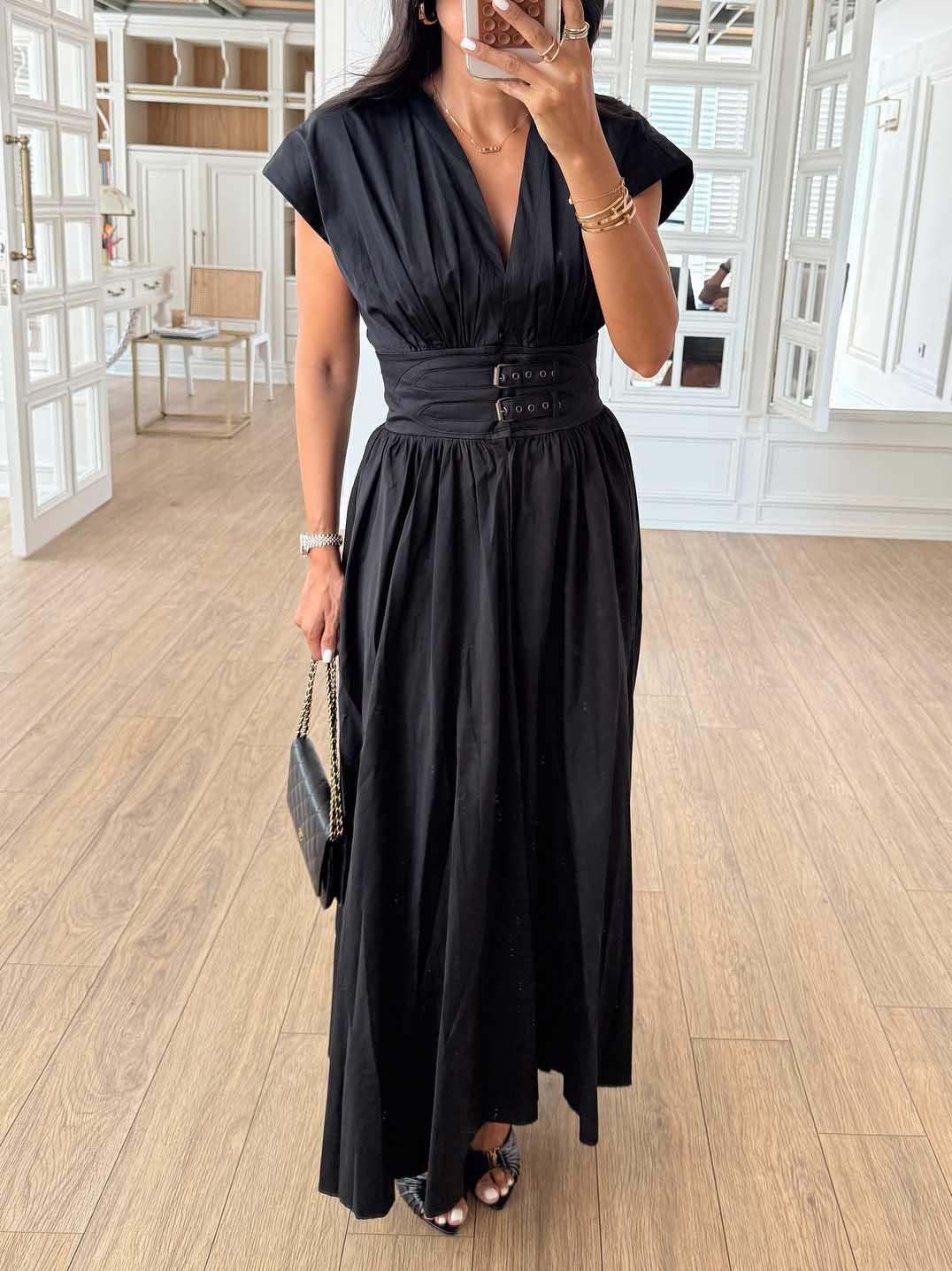 Aurohaya Exquisite V-neck Waist Pleated Shirt-style Maxi Dress