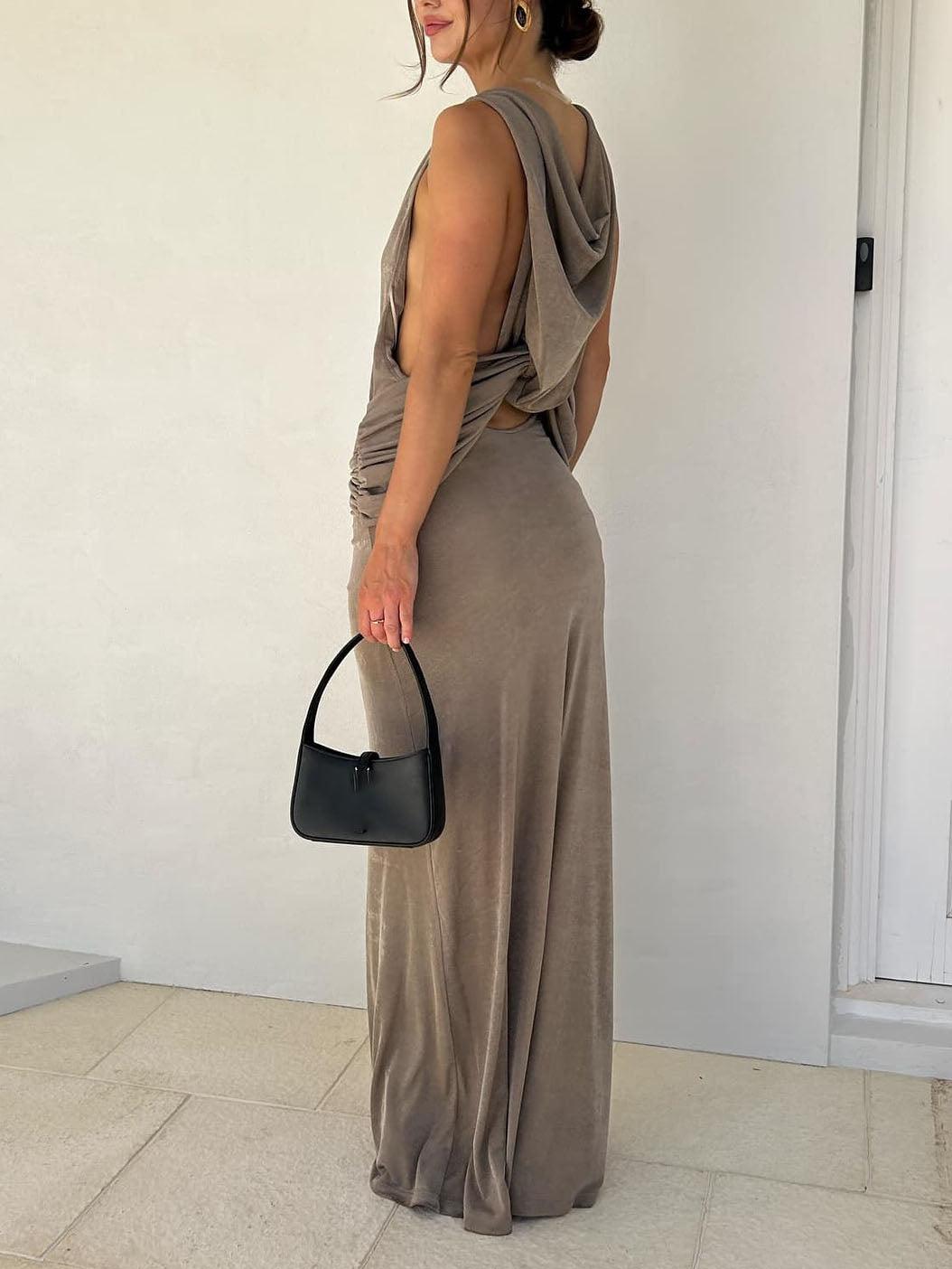 Aurohaya Unique Draped Back Pleated Maxi Dress