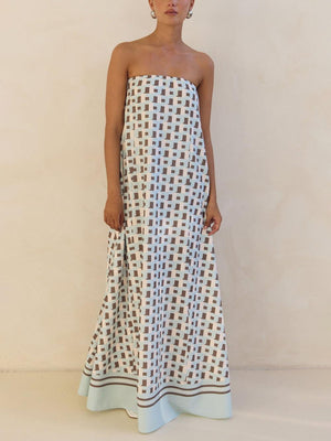 Aurohaya Exclusive Geometric Print Off-Shoulder A-Line Maxi Dress Blue