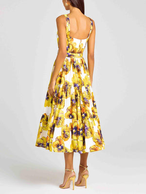 Aurohaya Elegant Pansy Print Midi Dress